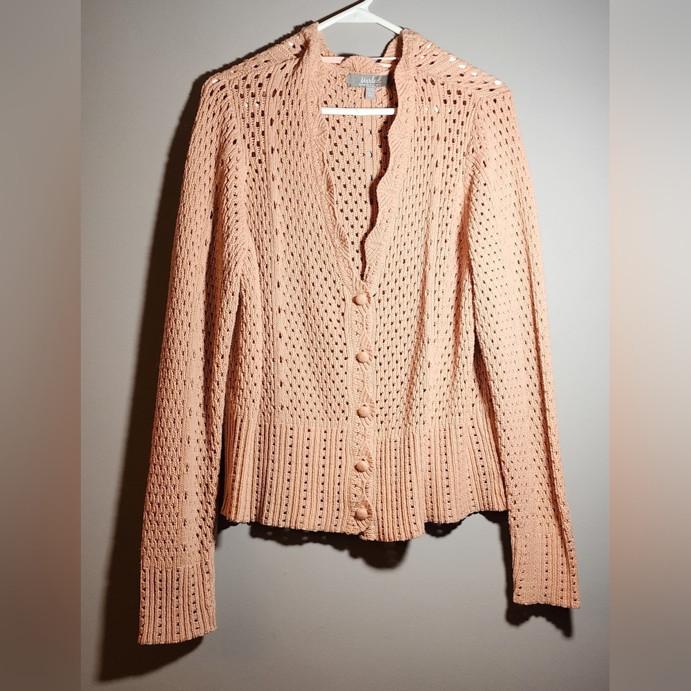 XL Marled By Reunited Clothing Coral Crochet Button-up Cardigan Scalloped V-Neck